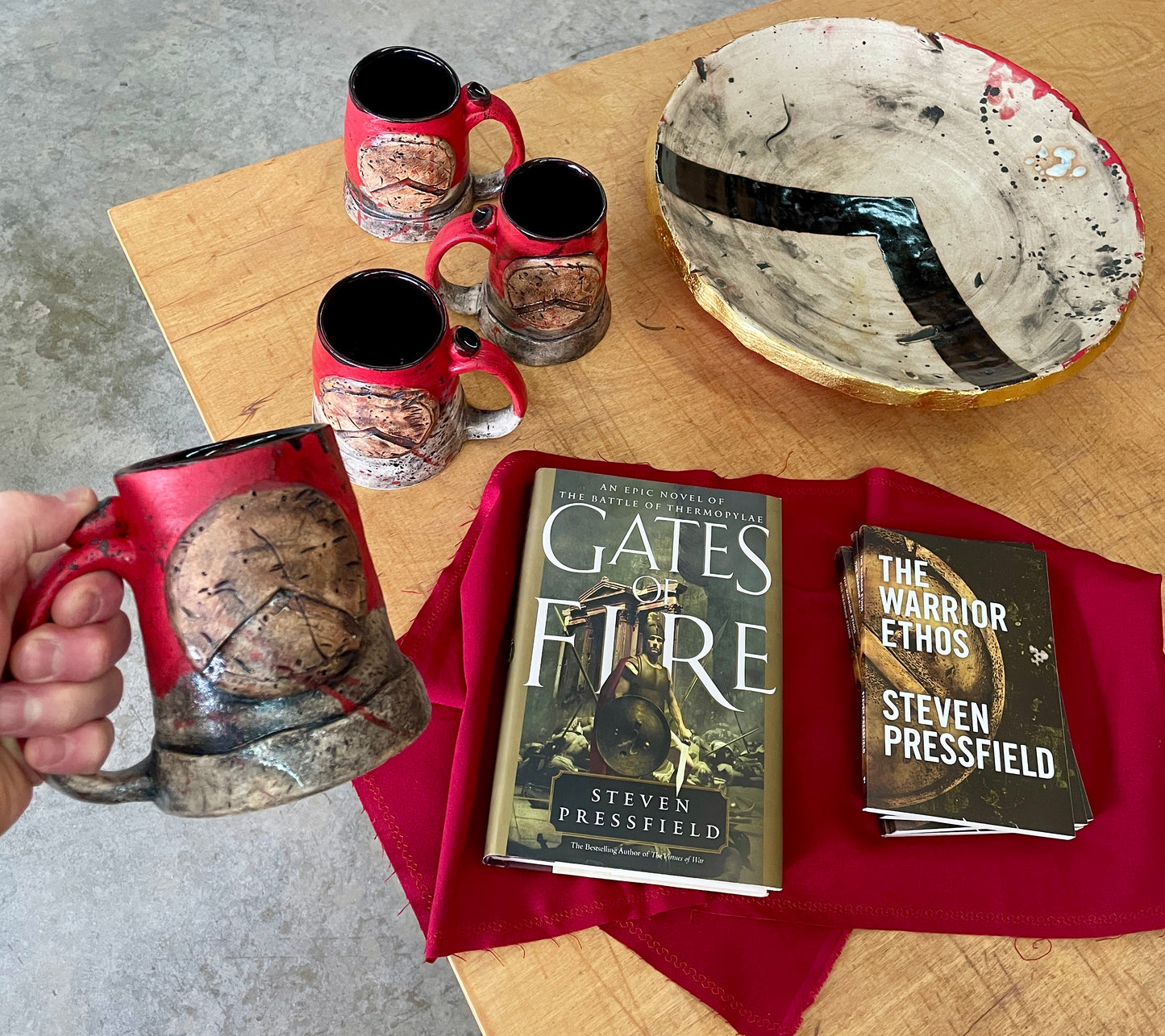 Spartan Wall Platter, 4 Kothon Mugs and 5 Books: "Gates of Fire" and "The Warrior Ethos"