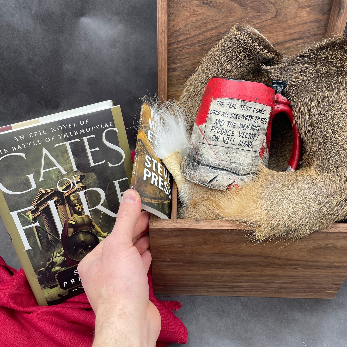 "Kothon" King Spartan Warrior Mug, Two Books, "The Warrior Ethos" and "Gates of Fire" by Steven Pressfield, Autographed, and One Walnut Box by Offerman Woodshop, #3/10