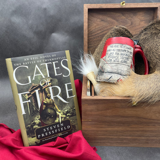"Kothon" King Spartan Warrior Mug, Two Books, "The Warrior Ethos" and "Gates of Fire" by Steven Pressfield, Autographed, and One Walnut Box by Offerman Woodshop, #3/10