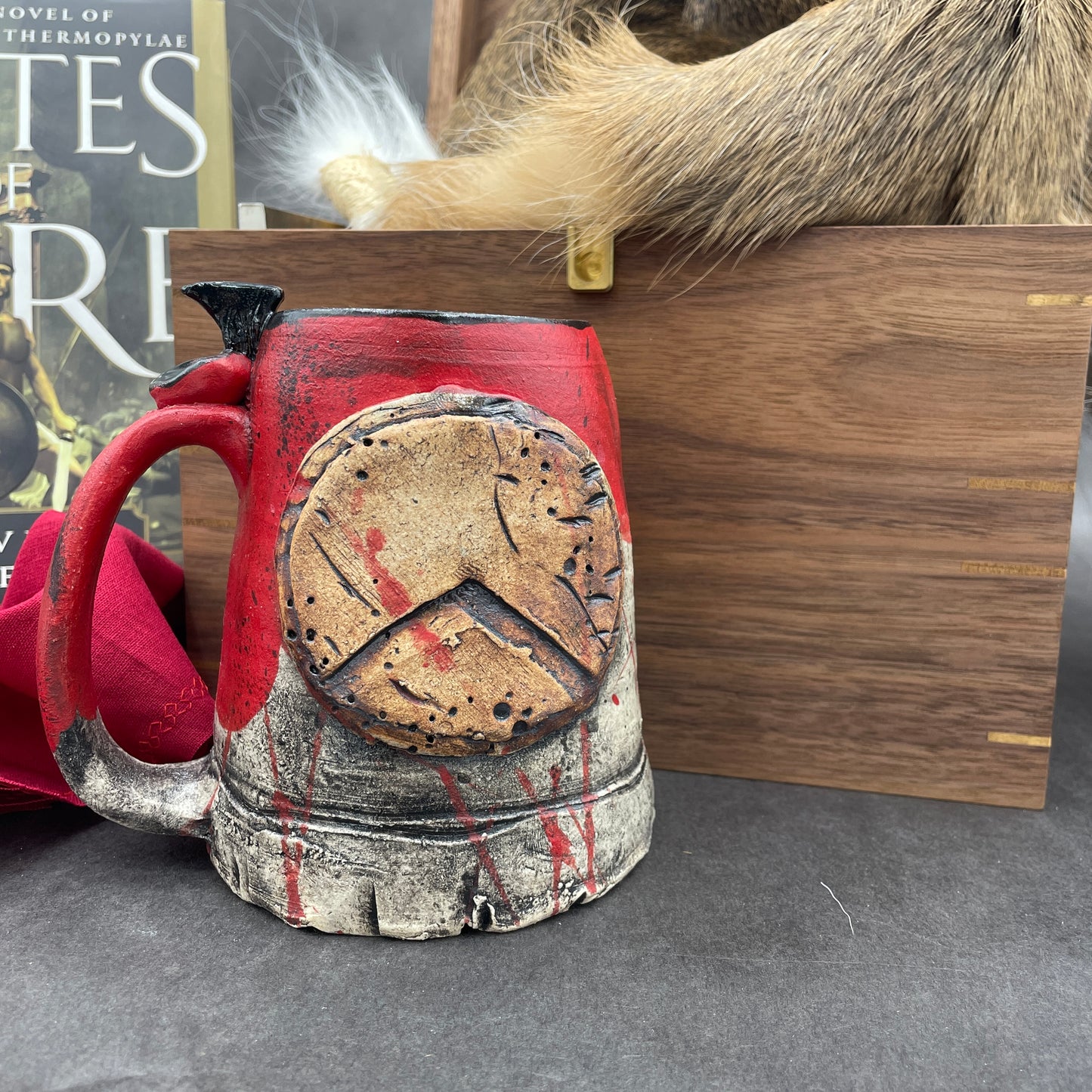 "Kothon" King Spartan Warrior Mug, Two Books, "The Warrior Ethos" and "Gates of Fire" by Steven Pressfield, Autographed, and One Walnut Box by Offerman Woodshop, #3/10