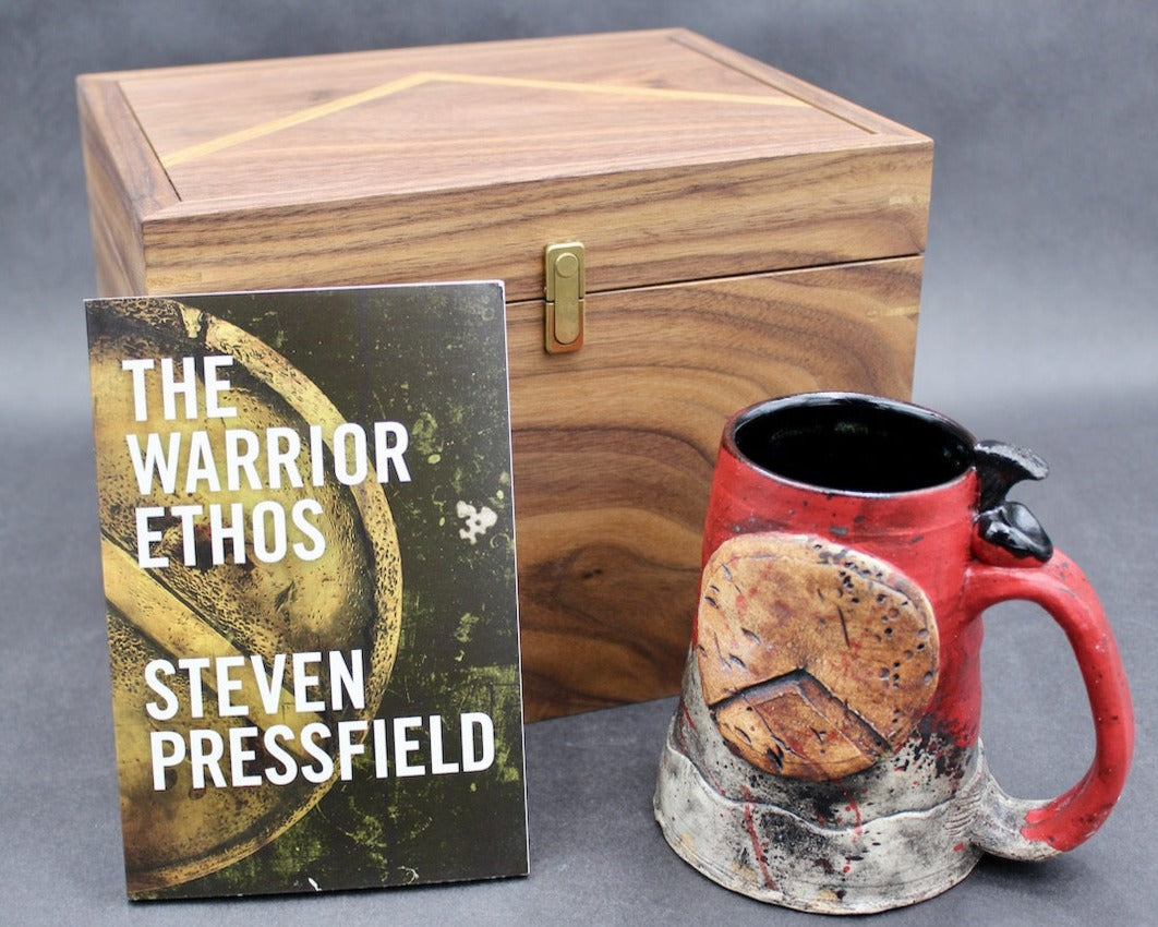 "Kothon" King Spartan Warrior Mug, Two Books, "The Warrior Ethos" and "Gates of Fire" by Steven Pressfield, Autographed, and One Walnut Box by Offerman Woodshop