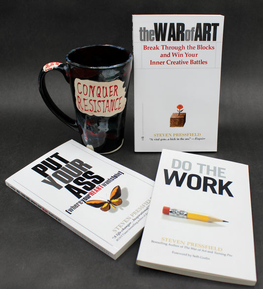 One "Conquer Resistance" Mug and Three Books by Steven Pressfield