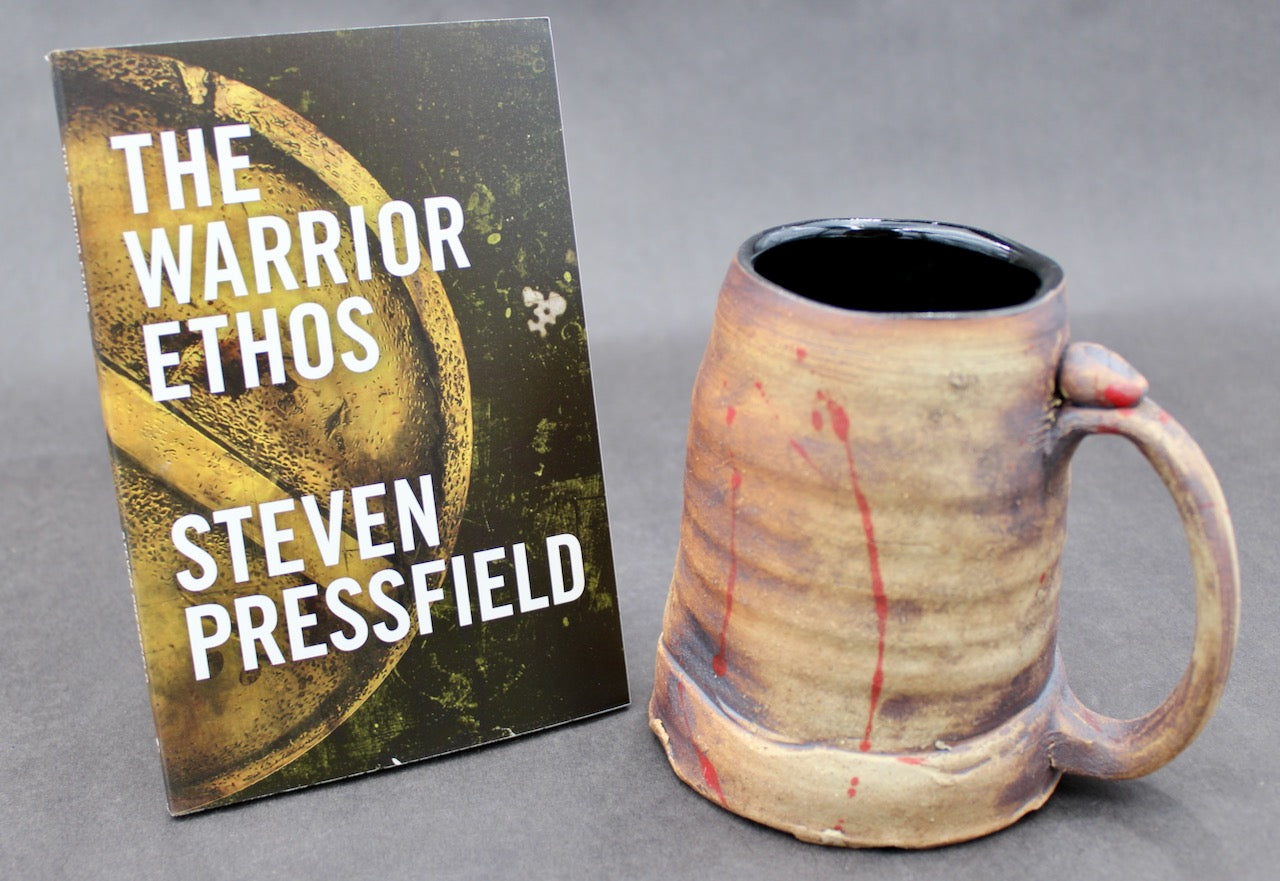 One Iron Brown "Kothon" Spartan Warrior Mug and One Autographed Book, "The Warrior Ethos" by Steven Pressfield (SK7796)