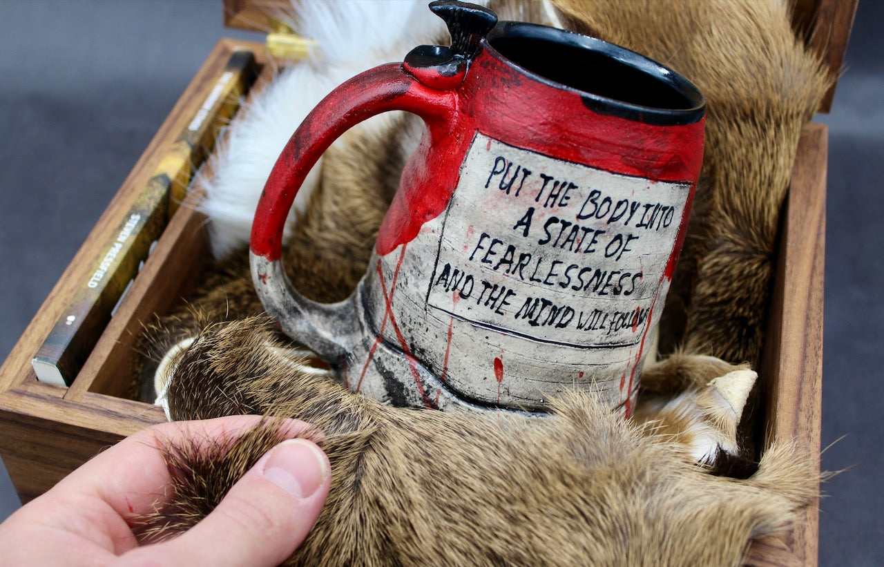 "Kothon" King Spartan Warrior Mug, Two Books, "The Warrior Ethos" and "Gates of Fire" by Steven Pressfield, Autographed, and One Walnut Box by Offerman Woodshop