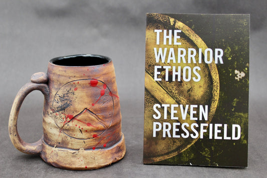 One Iron Brown "Kothon" Spartan Warrior Mug and One Autographed Book, "The Warrior Ethos" by Steven Pressfield (SK7789)