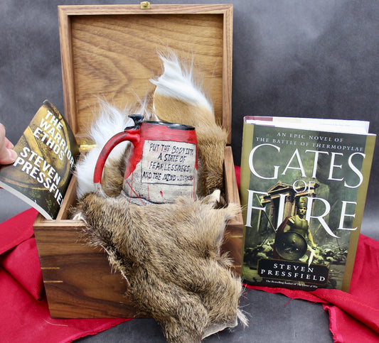 "Kothon" King Spartan Warrior Mug, Two Books, "The Warrior Ethos" and "Gates of Fire" by Steven Pressfield, Autographed, and One Walnut Box by Offerman Woodshop