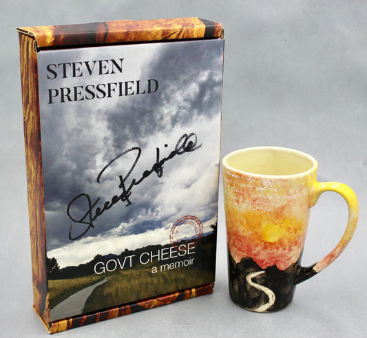 Rare "Invoke the Muse" Mug and One SIGNED FIRST EDITION Book, "Government Cheese" by Steven Pressfield